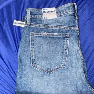 Old Navy extra high rise boyfriend.